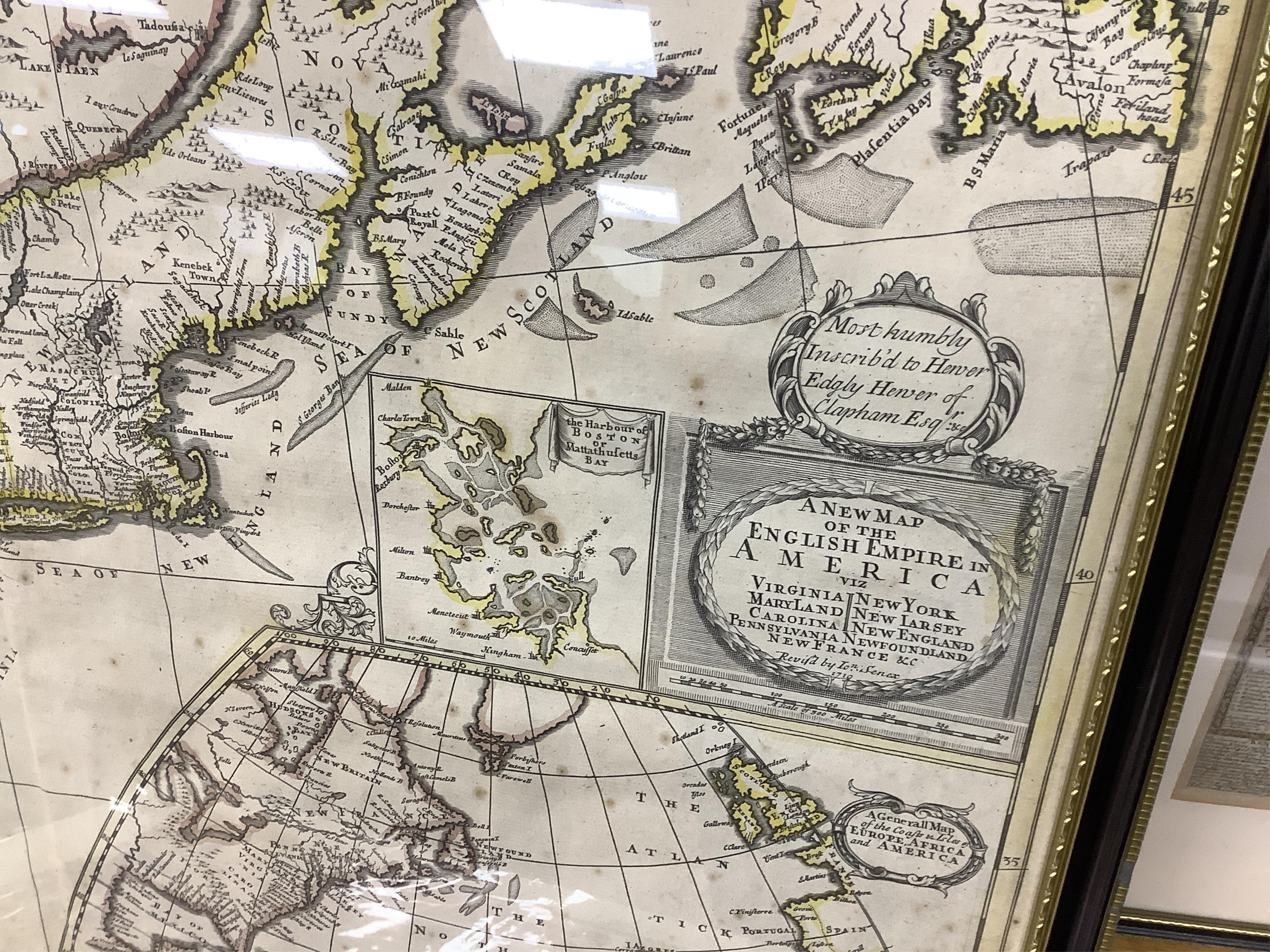 A collection of American interest maps to include: John Sennex, A map of the English Empire in America, hand coloured engraved map and one of North America, published Sept. 1st 1832 by Baldwin & Cradock
